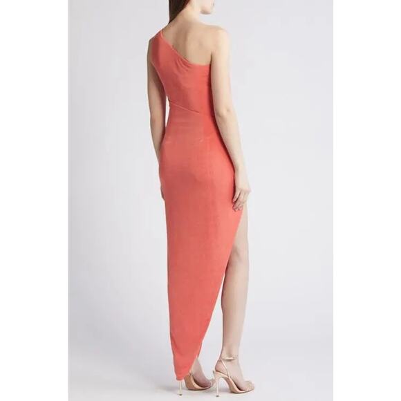 Katie May Desiree Asymmetric One-Shoulder Thigh Slit Maxi Dress Coral Women's XS - Picture 2 of 13